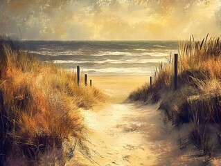 path to North sea beach in gold sunshine