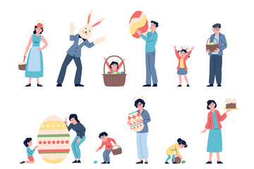 Fototapeta premium Easter people happy characters. Adults and children with eggs in baskets, cakes and easter fest decorations. Cute children egg hunter, recent vector set