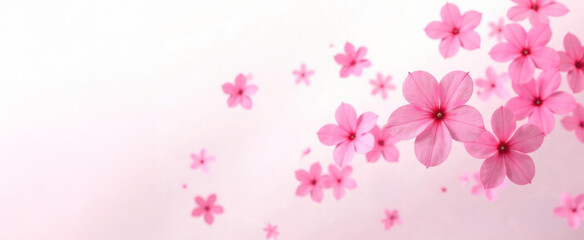 Obraz premium Spring floral background with pink flowers and petals on pastel background. Blank, template space for text, advertising, promotions, flower stores, events, greeting cards