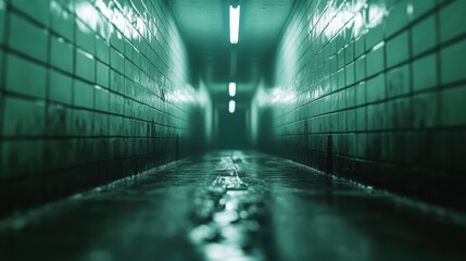 A wet and misty corridor stretches out under glowing overhead lights, creating an eerie and mysterious atmosphere that conveys a sense of anticipation and suspense.
