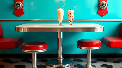  1950s-style diner table with a vibrant teal backdrop, featuring a milkshake.