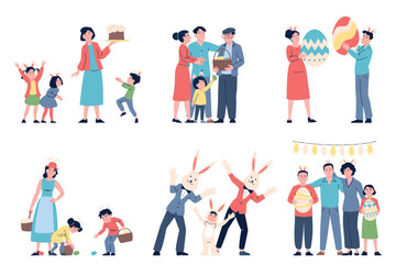 Fototapeta premium Family easter celebrating. People with children, adults and teens celebrate spring festival together. Flat characters with eggs, baskets, recent vector set