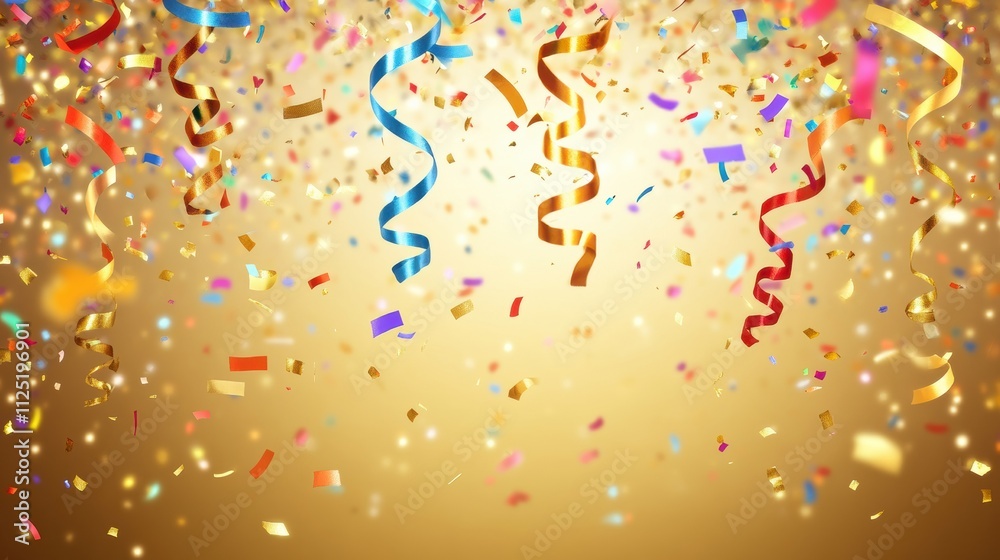 Poster falling confetti and ribbons create a joyful atmosphere perfect for new year celebrations, with plen
