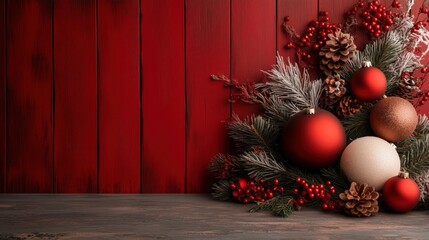 Christmas window decorations featuring red and gold ornaments amidst festive greenery and wooden backdrop