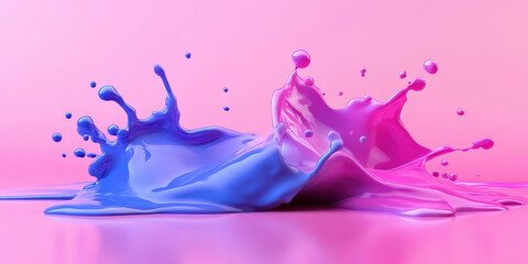 Fototapeta premium Colorful splashes of pink and blue paint create vibrant abstract patterns on a smooth surface with soft gradient background for artistic designs and concepts