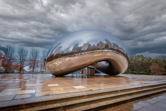 Chicago, USA - November 20, 2019 : The Cloud Gate view in Chicago City.