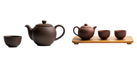 traditional Chinese tea set featuring teapot and cups on wooden tray on transparent background