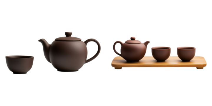 traditional Chinese tea set featuring teapot and cups on wooden tray on transparent background