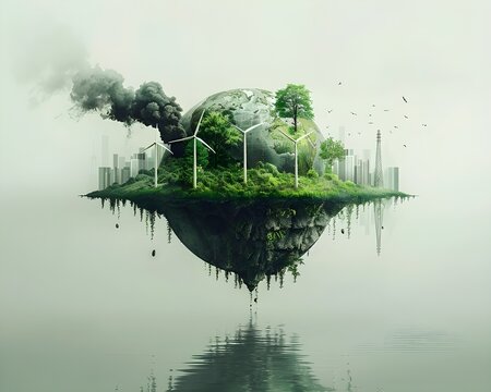 Green trees by a tranquil lake with reflections under a clear blue sky . Earth groble warming 