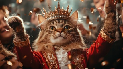 A regal cat wearing a crown and red royal robe is surrounded by golden confetti, exuding grandeur and elegance with an air of royalty amidst jubilation.