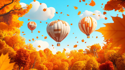 Fototapeta premium Hot air balloons gliding over a vibrant autumn forest as golden leaves fall