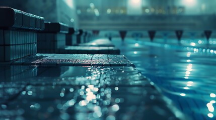 A detailed shot of the starting blocks at a swimming pool.