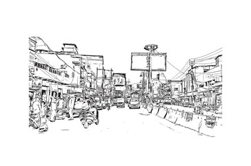 Fototapeta premium Building view with landmark of Varanasi is the city in India. Hand drawn sketch illustration in vector.