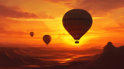 Fototapeta premium Hot air balloons gliding through an open desert landscape under an orange sunset