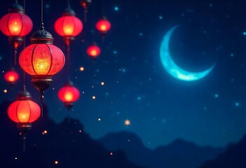 Red Lanterns and Crescent Moon at Night