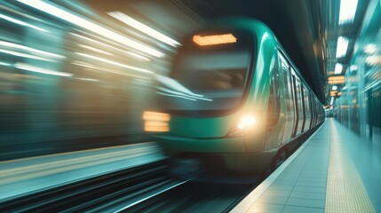 A modern green metro train advances rapidly through the tunnels of an underground rail system, demonstrating the urgency and pace of city commuting.