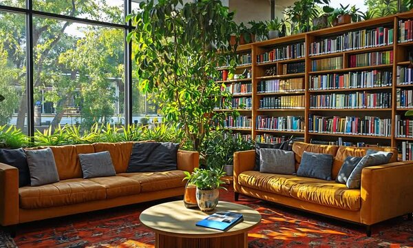 Cozy reading area with plants, bookshelves, and comfortable seating.