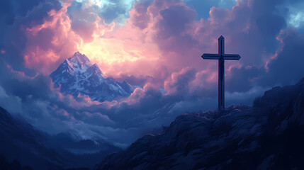 A divine beacon through stormy skies, digital art, cross, mountain, clouds, sky, faith. Omniscient. Illustration