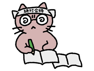 ガリ勉するネコのゆるい手描きイラスト