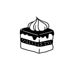 square slice of cake with whipped cream black and white doodle 