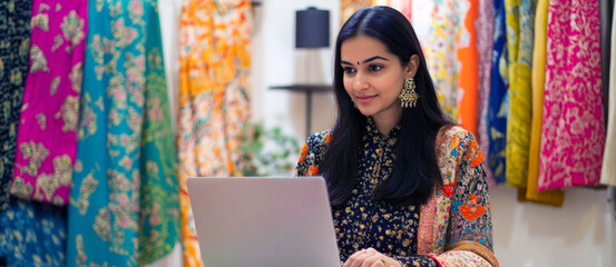 Indian woman fashion designer having a video conference with a client on her laptop, discussing design ideas. Portrait modern Indian woman in  creative profession.