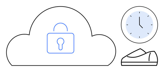 Cloud-shaped padlock securing data. Blue clock indicating time management. Footprints for activity tracking. Ideal for cybersecurity, cloud storage, time management, data protection, technology