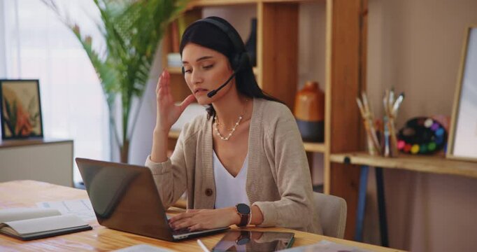 Woman, stress and virtual assistant on laptop in home office, remote worker and site glitch. Female person, online and helping difficult customer online, support and call centre agent with 404 error