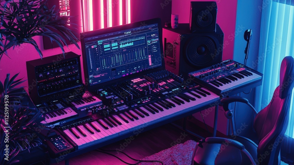 Poster Dynamic music studio setup with synthesizer and mixing board home environment creative workspace modern viewpoint