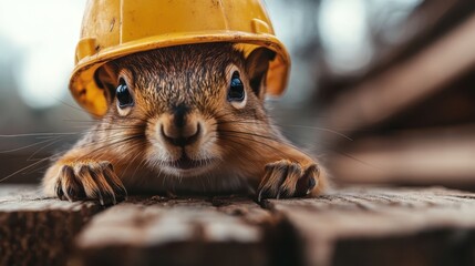 Obraz premium A cute squirrel wearing a yellow hard hat peers curiously at the camera, combining wildlife charm with a humorous take on construction themes.