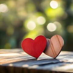 Two Wooden red Hearts On Rustic Table