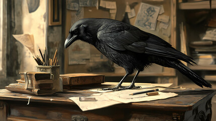 Fototapeta premium A majestic crow perches on a vintage wooden desk, surrounded by scattered pencils and papers, as it carefully. Omniscient. Illustration