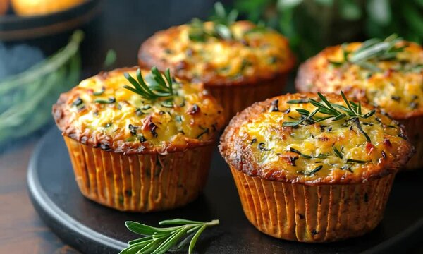 Freshly baked muffins topped with herbs, perfect for a savory snack.
