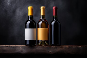 Detail of three premium wine bottles showcasing luxurious hues and elegant transparency