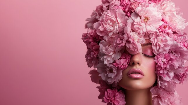 An artistic photo of a model with a headpiece made entirely of pink flowers against a soft pink background, evoking beauty and creativity through floral motifs.