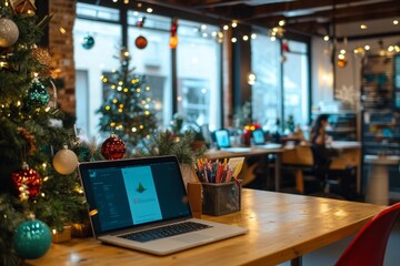 Festive Workplace: Laptop and Christmas Tree