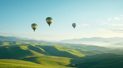 Obraz premium Hot air balloons soaring above rolling green hills under a clear blue sky