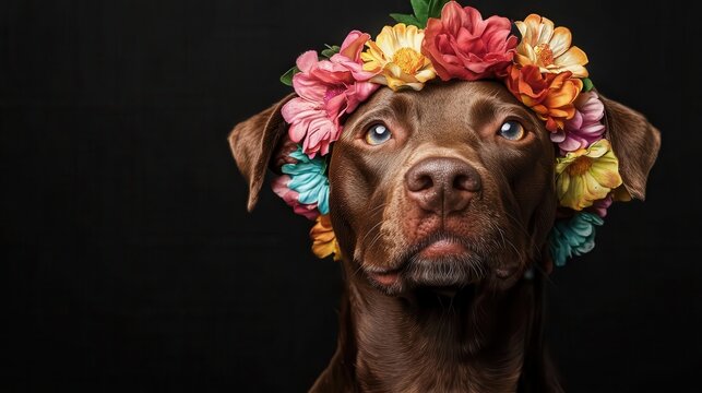 A chocolate dog wears a crown of beautiful flowers, exuding elegance and warmth, set against a dark background, reflecting charm and sophistication in a serene moment.
