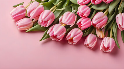 Beautiful composition spring flowers. Bouquet of pink tulips flowers on pastel pink background.