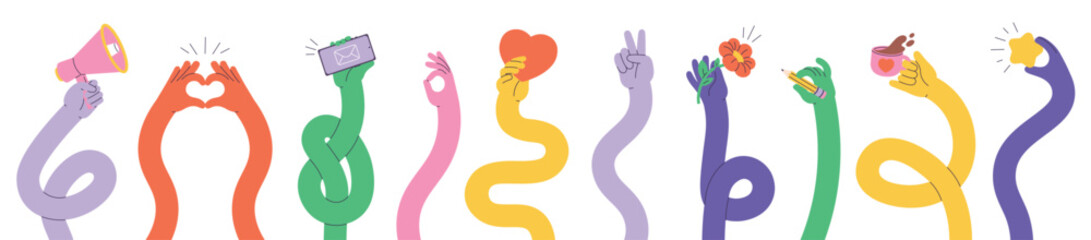 Comic flexible hands. Multicolored long stretched arms holding smartphone, megaphone, heart, cup of coffee, flower. Various gestures racy vector elements