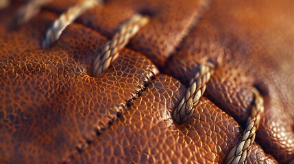 A detailed view of the stitching on a rugby ball.