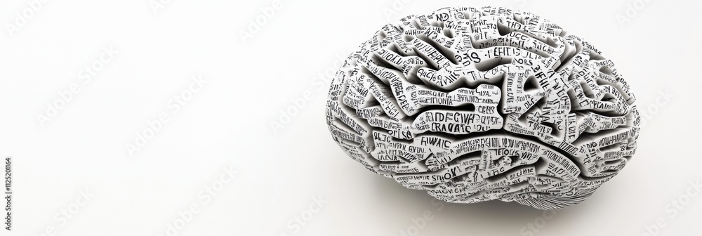 Poster A brain structure crafted from arranged words and phrases sits against a minimalist background, offering copy space for additional text or messages. Generative AI