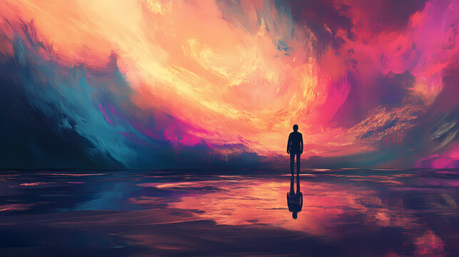 A serene figure stands in vibrant landscape, enveloped by cosmic energy and an omniscient aura. swirling colors create sense of tranquility and wonder. Omniscient. Illustration