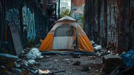 A dilapidated, empty tent in a deserted urban alleyway, surrounded by trash and debris.