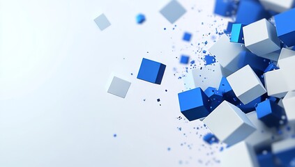 Blue and White Cubes Flying on Light Grey Background - AI Generated Illustration.