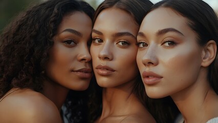 Diverse group of beautiful young women with different natural glowing skin tones