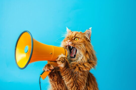 A funny red cat holds a bright yellow loudspeaker with excitement screaming against a vivid blue background. This playful scene captures attention and inspires creativity for business concepts.