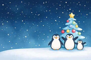 Festive penguins celebrate Christmas under a starry sky with a decorated tree.
