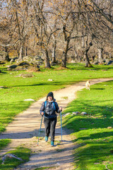 A woman hiker trekking through La Herrería forest. San Lorenzo de El Escorial. Madrid, Spain.
