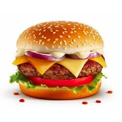 Beef patty burger with vegetables and lettuce on white background