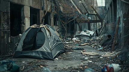 A dilapidated, empty tent in a deserted urban alleyway, surrounded by trash and debris.